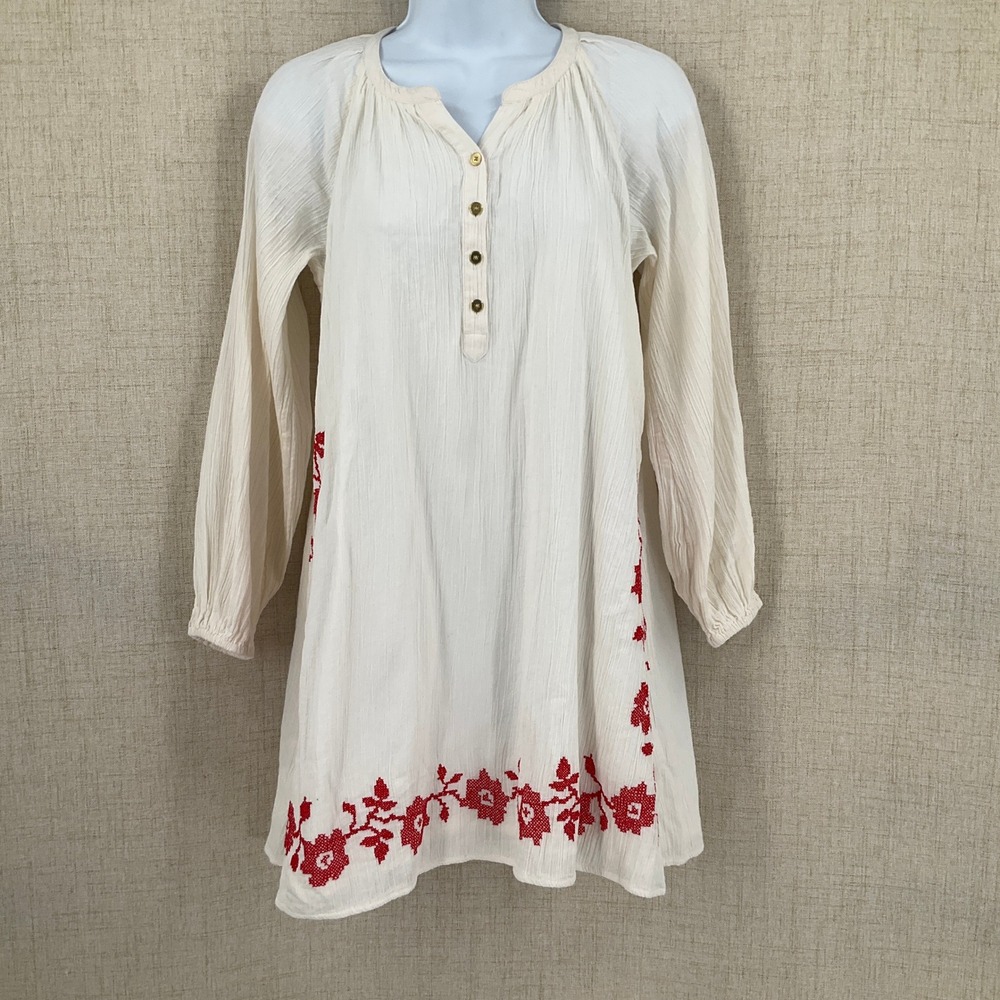 Girls Ivory Cotton Gauze Boho Peasant Dress‎ Red Floral Embroidery Kids Size M/L